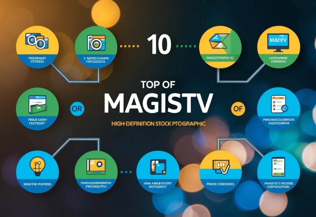Una infografía colorida que muestra las 10 principales características de MagisTV, con íconos e ilustraciones que representan cada característica.