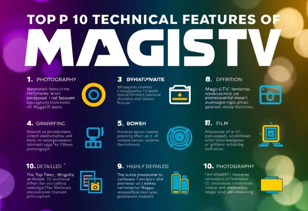 Una infografía colorida que muestra las 10 principales características técnicas de MagisTV, con gráficos y íconos en negrita que representan cada característica.