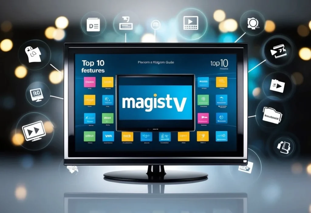 Una pantalla de televisión elegante y moderna que muestra las 10 principales características de MagisTV, rodeada de íconos y símbolos de guía de programación electrónica.