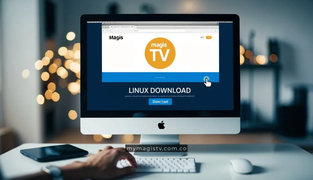 Una pantalla de computadora que muestra el sitio web de Magis TV con la página de descarga de Linux abierta, un cursor de ratón haciendo clic en el botón de descarga.