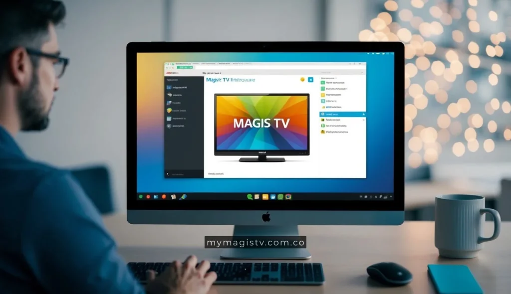 Una pantalla de computadora que muestra la interfaz de Magis TV en un sistema operativo Linux, con un usuario navegando a través del proceso de instalación y uso.
