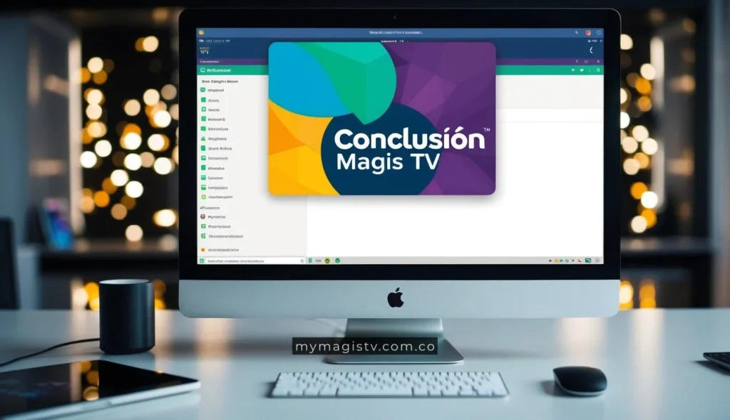Una pantalla de computadora que muestra el logo de Conclusión Magis TV con la interfaz del sistema operativo Linux en el fondo, mostrando el proceso de instalación y la aplicación en uso.