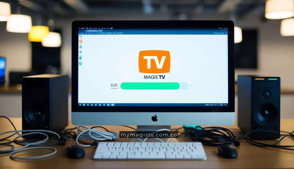 Una pantalla de computadora mostrando el logo de Magis TV con una barra de progreso debajo, rodeada de varios cables y un teclado