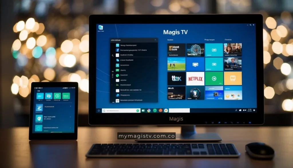 Una pantalla de computadora que muestra la interfaz de Magis TV en un sistema operativo Linux, con varias funcionalidades y opciones de contenido visibles.