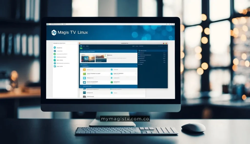 Un monitor de computadora mostrando la interfaz de Magis TV para Linux, con un cursor de ratón navegando por el proceso de instalación y uso