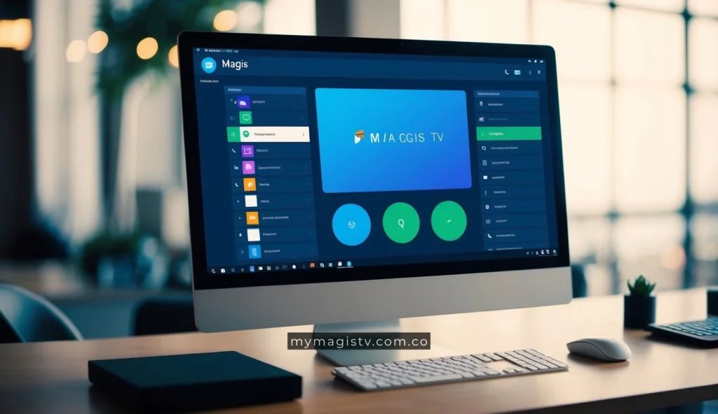 Una pantalla de computadora que muestra la interfaz de Magis TV con varias opciones de personalización y ajuste, rodeada de un teclado y un ratón.