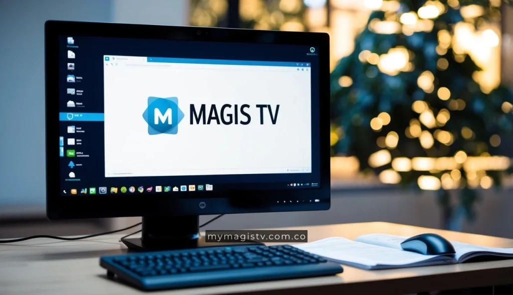La escena muestra una pantalla de computadora con el logo de Magis TV y una interfaz del sistema operativo Linux. Un manual abierto yace al lado de un teclado y un ratón.