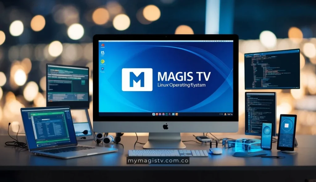 Una pantalla de computadora que muestra el logo de Magis TV con un fondo del sistema operativo Linux, rodeada de varias herramientas de soporte técnico y recursos para solucionar problemas.