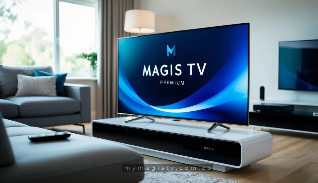 Un televisor elegante y moderno con el logo de Magis TV Premium mostrado en la pantalla, rodeado de un ambiente cómodo de sala de estar con un control remoto cerca.