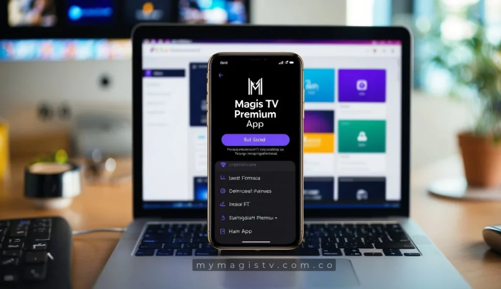 Una escena que muestra la pantalla de un smartphone o computadora con la aplicación Magis TV Premium siendo instalada y descargada, con varias características y opciones de suscripción mostradas.