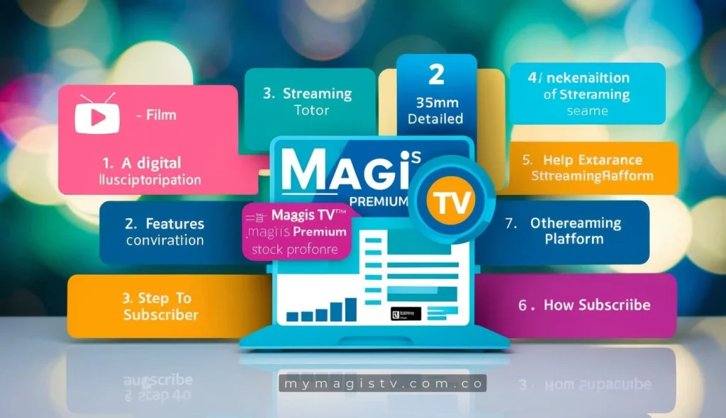 Una ilustración digital vibrante de las características de Magis TV Premium, contrastada con otras plataformas de streaming, con pasos claros sobre cómo suscribirse.