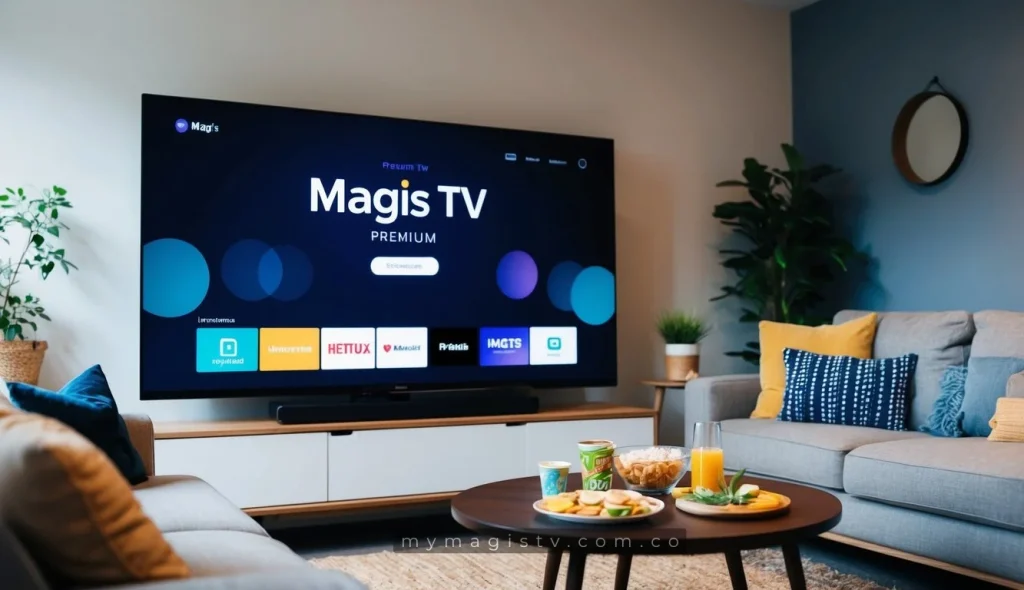 Una sala de estar acogedora con un gran televisor de pantalla plana que muestra la interfaz de Magis TV Premium, rodeada de un sofá cómodo y una mesa de café con aperitivos y bebidas.
