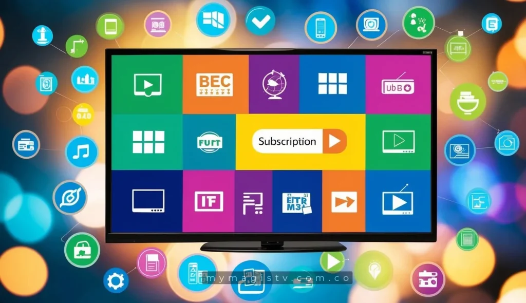 Una pantalla de televisión colorida rodeada de varios íconos y símbolos de entretenimiento, con un botón de suscripción destacado