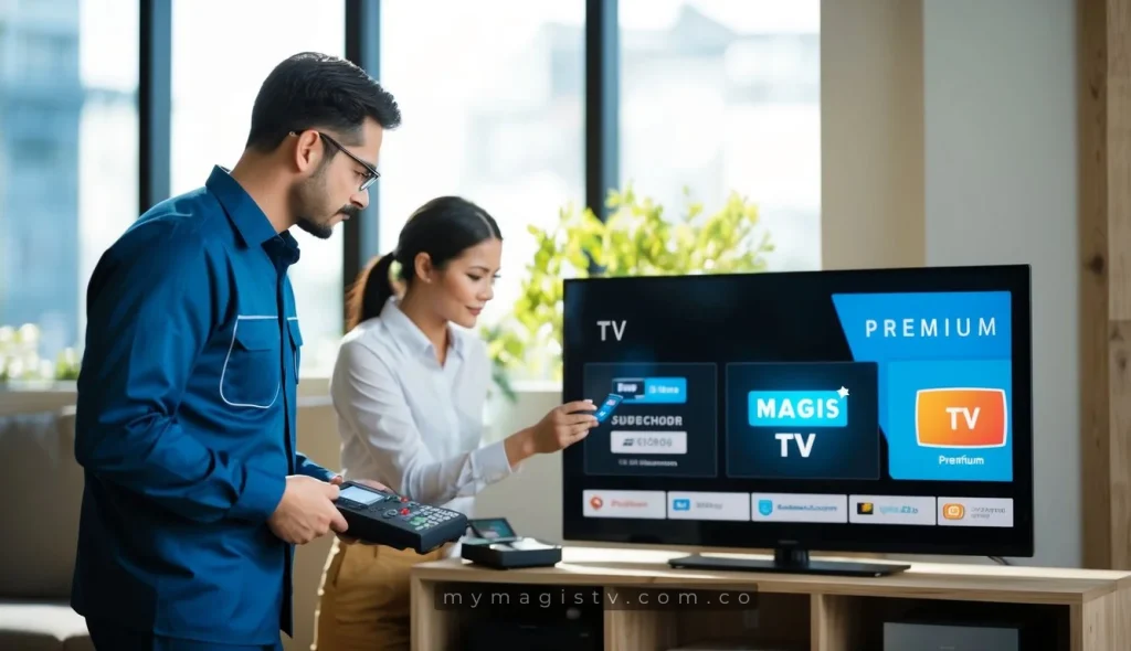 Un técnico soluciona problemas de un televisor, mientras un cliente se suscribe a Magis TV Premium.