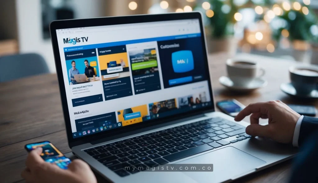 Una persona personalizando Magis TV Premium en una laptop, seleccionando características y suscribiéndose mientras disfruta del contenido de la plataforma.