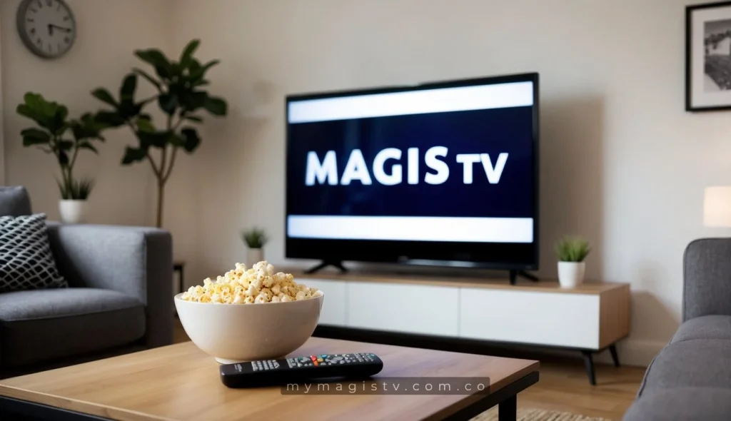 Una sala de estar acogedora con un gran televisor que muestra el logo de Magis TV. Un control remoto descansa sobre la mesa de café junto a un tazón de palomitas.