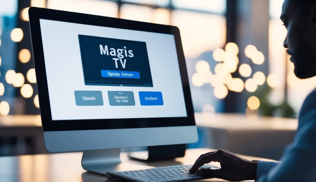 v2 q8wur aaaz2 Una pantalla de computadora que muestra los pasos para actualizar Magis TV a la última versión, con un cursor de ratón haciendo clic en el botón de actualización