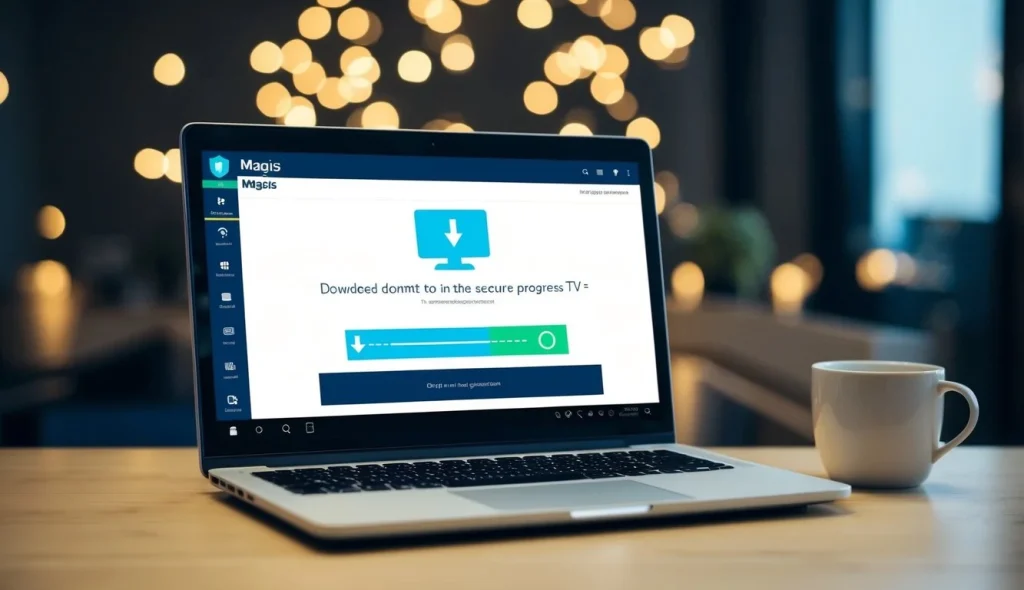 v2 q8wv5 757j5 Una laptop mostrando la interfaz de Magis TV con una barra de progreso de descarga y un símbolo de conexión segura