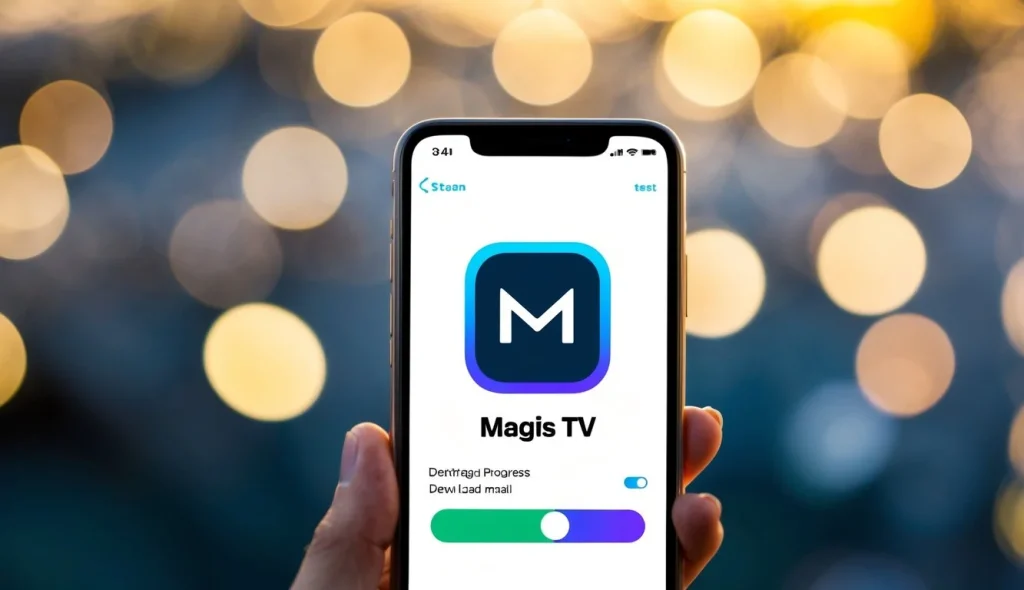 v2 q8wvj lz8rl Una pantalla de smartphone que muestra el ícono de la aplicación Magis TV con una barra de progreso que indica el proceso de descarga e instalación