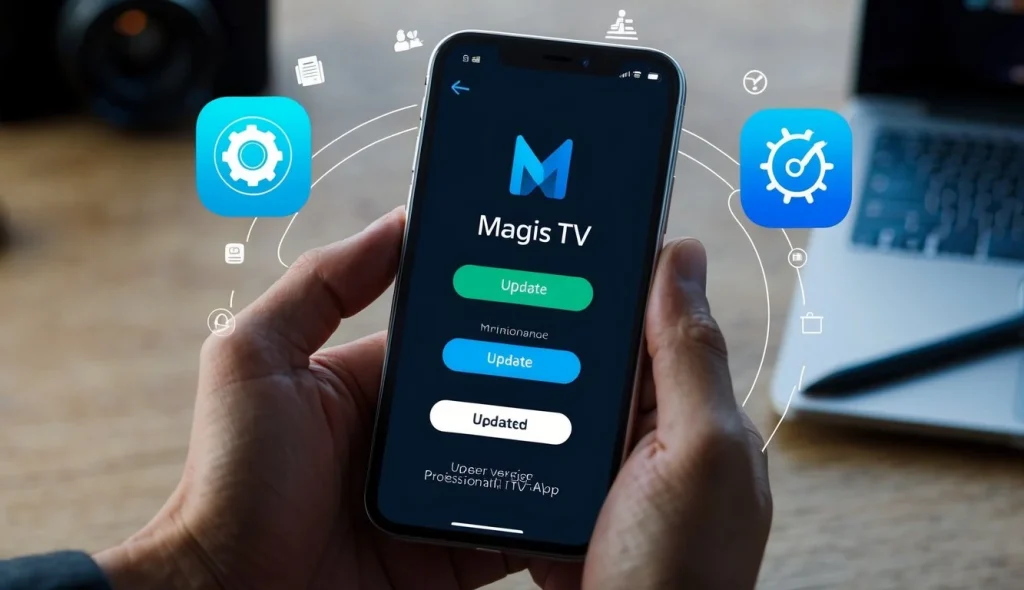 v2 q8ww4 nlw29 Un smartphone con la aplicación Magis TV abierta, rodeado de íconos de actualización y mantenimiento, con una barra de progreso que indica que la aplicación se está actualizando a la última versión.