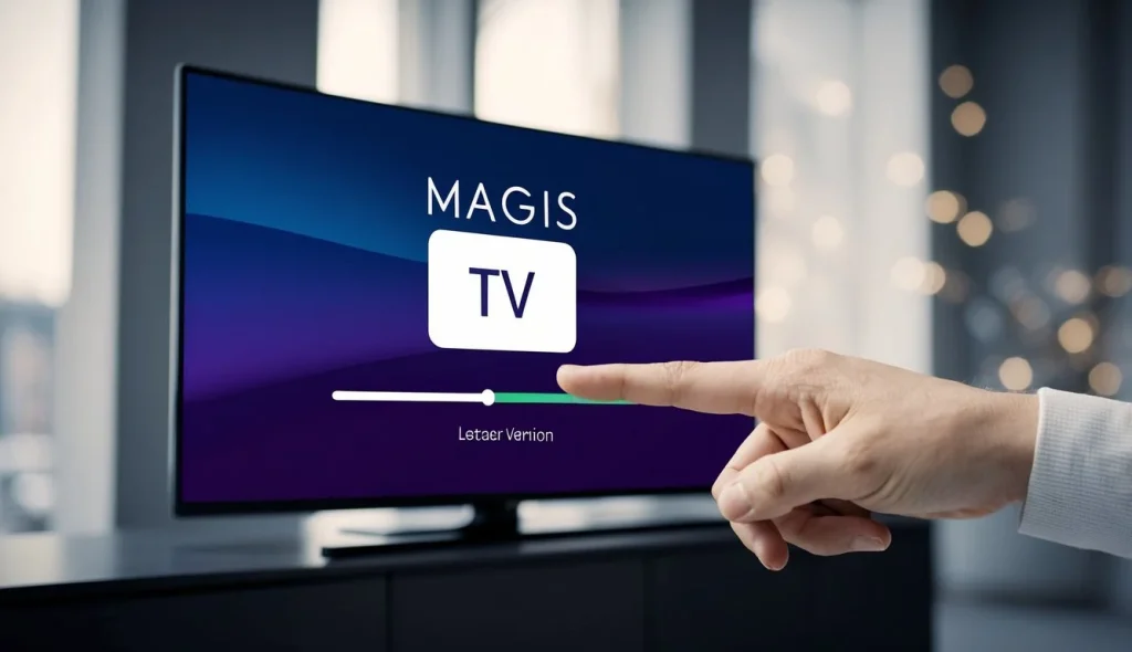 v2 q8wwh dw5mz Una mano extendiéndose hacia una pantalla de televisión que muestra la interfaz de Magis TV, con una barra de progreso que indica la actualización a la última versión