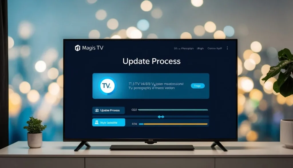 v2 q8wwu a9mna Una pantalla de televisión que muestra un proceso de actualización para Magis TV, con barras de progreso e íconos que indican la instalación de la última versión.