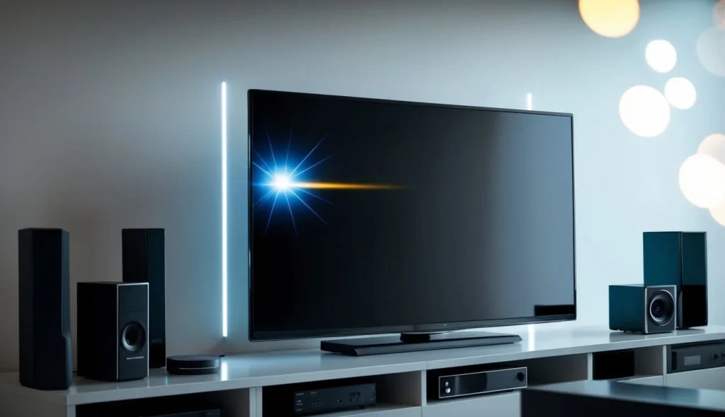 v2 q8wx5 0r758 Una televisión moderna y elegante se encuentra en un soporte, rodeada de varios dispositivos electrónicos. Una luz intermitente indica que la televisión se está actualizando a la última versión.