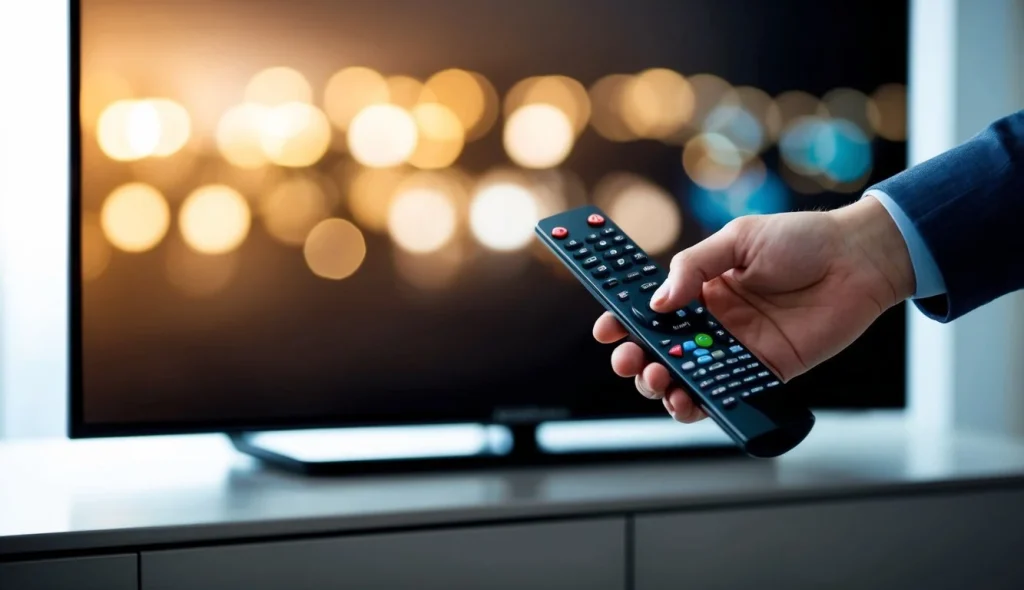 v2 q8wxh woqtl La mano de una persona extendiéndose hacia un control remoto para actualizar Magis TV en una pantalla de televisión moderna y elegante.